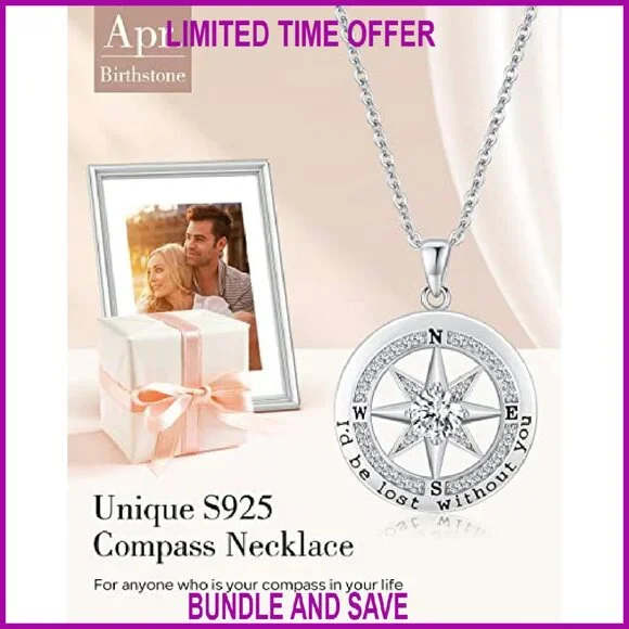 Sterling Silver Compass Necklace with Cubic Zirconia, Lobster Clasp